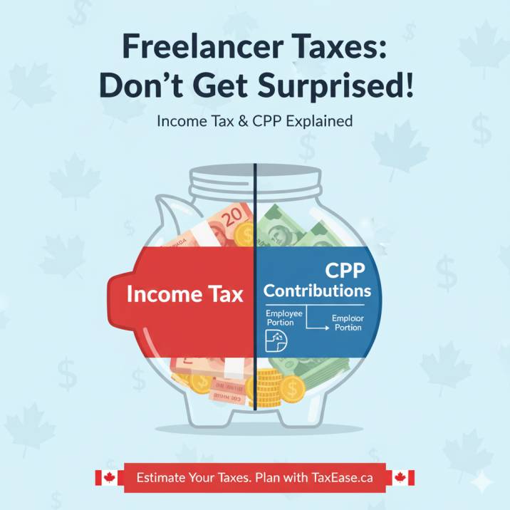 Visual of a freelancer piggy bank split into “Income Tax” and “CPP Contributions” jars, showing both employer + employee portions