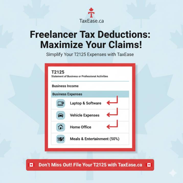 Infographic of a simplified T2125 form with icons for expenses like laptop, car, home office, and meals