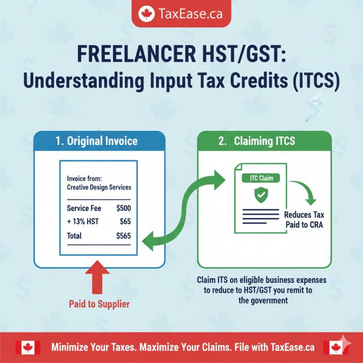 Visual of a Canadian invoice showing “+ HST” added, with arrows showing ITCs reducing costs.