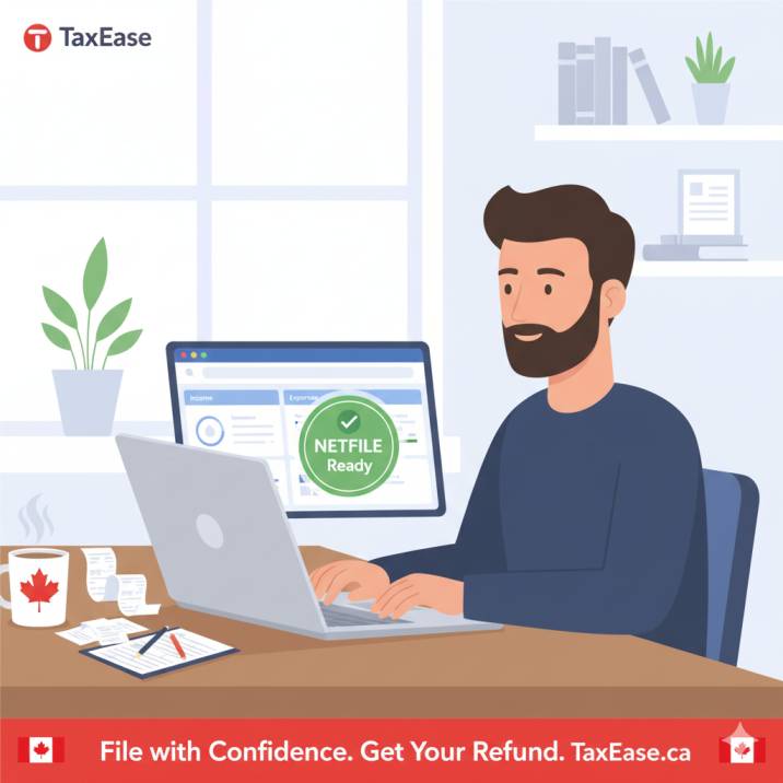 Canadian freelancer filing taxes on laptop using modern tax software, with a “NETFILE Ready” badge on screen.