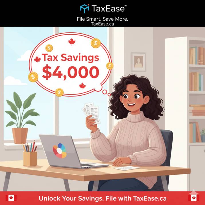 Illustration of a Canadian freelancer (Sarah) with a design laptop, receipts in hand, and a “Tax Savings $4,000” bubble above her head.