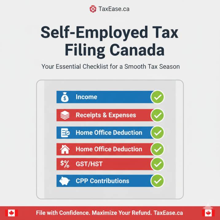 Checklist graphic titled “Self-Employed Tax Filing Canada” with green check marks for income, receipts, home office, GST/HST, CPP