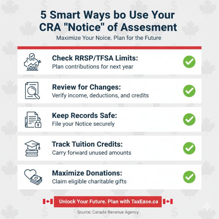a checklist infographic titled '5 Smart Ways to Use Your CRA Notice of Assessment' with icons for RRSP, changes, record-keeping, tuition carry-forward, and donation