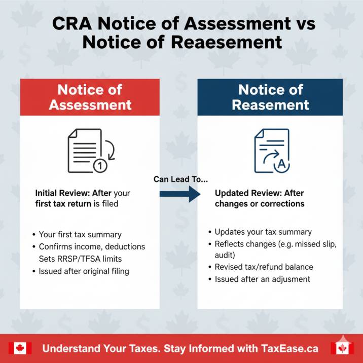a side-by-side infographic comparing CRA Notice of Assessment vs Notice of Reassessment, with icons for 'first return' vs 'adjustment later'.