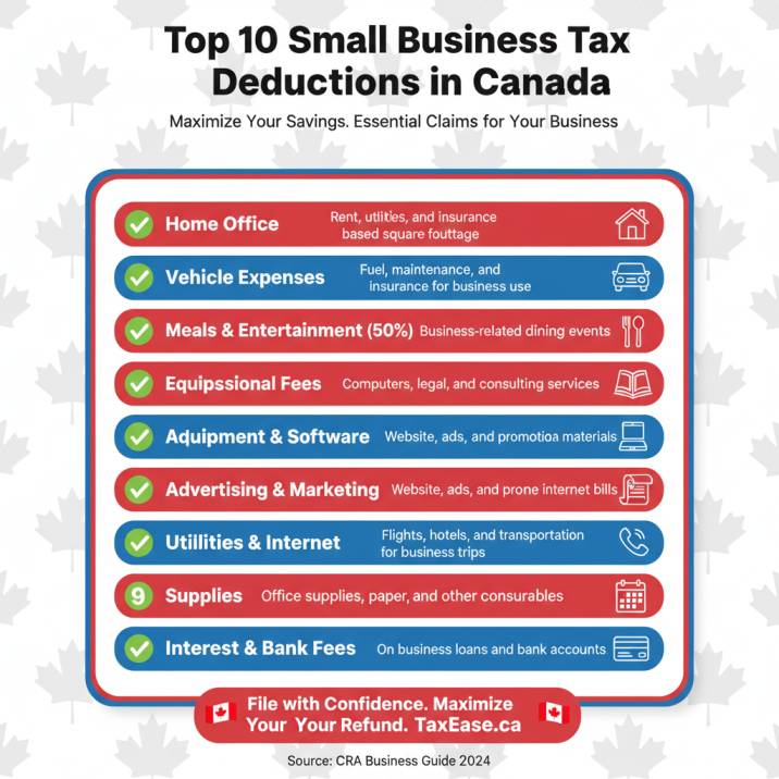  a checklist infographic titled 'Top 10 Small Business Tax Deductions in Canada' with icons for home office, vehicle, meals, equipment, and professional fees.