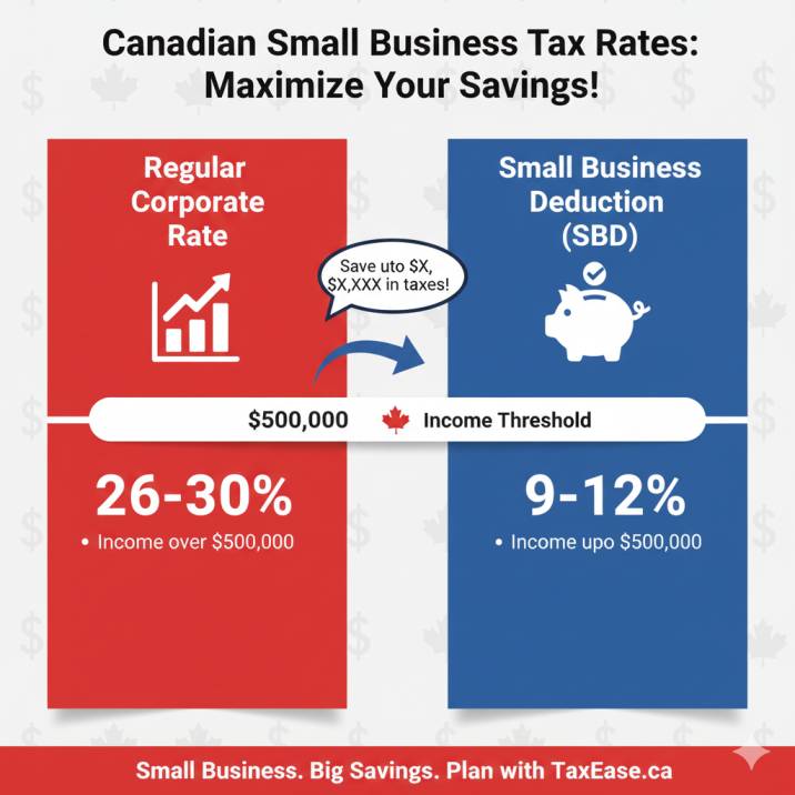  a clean infographic showing Canadian small business tax rates: Regular Corporate Rate vs Small Business Deduction (SBD) rate, with a $500,000 income threshold.