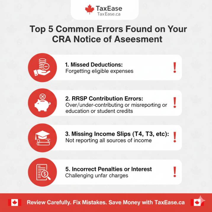 a visual showing 'Top 5 Common Errors Found on CRA Notice of Assessment' with icons for deductions, RRSP, tuition, income slips, and penalties.