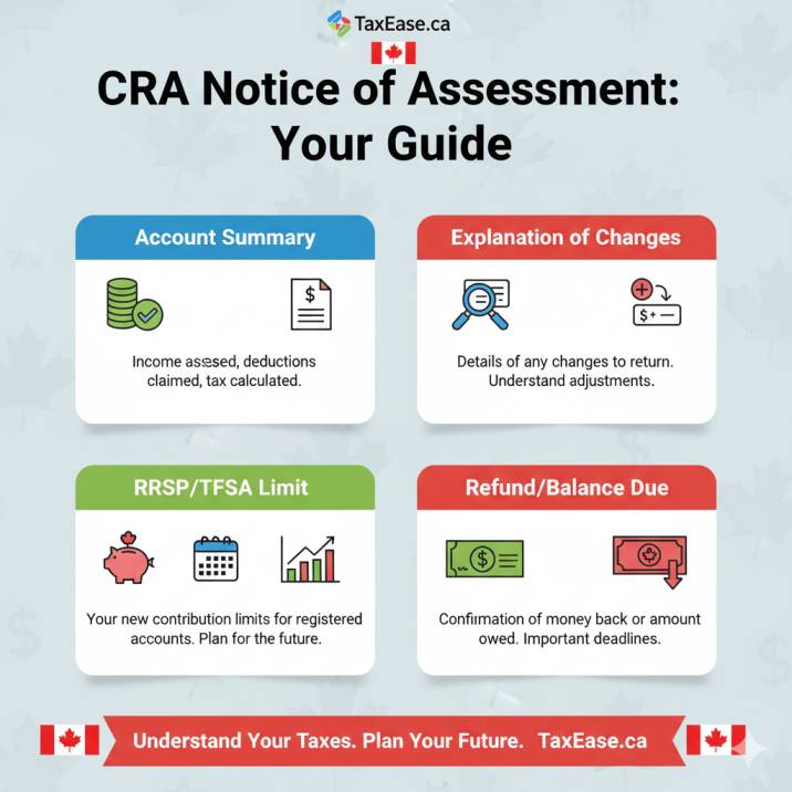 An infographic that visually breaks down the sections of a CRA Notice of Assessment: Account Summary, Explanation of Changes, RRSP Limit, Refund/Balance Due. Use Canadian tax-related icons and a clean modern design.