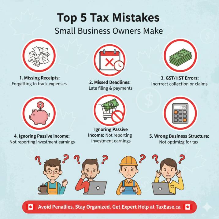 Illustration showing 'Top 5 Tax Mistakes Small Business Owners Make' with warning icons like receipts, deadlines, GST/HST, and passive income.