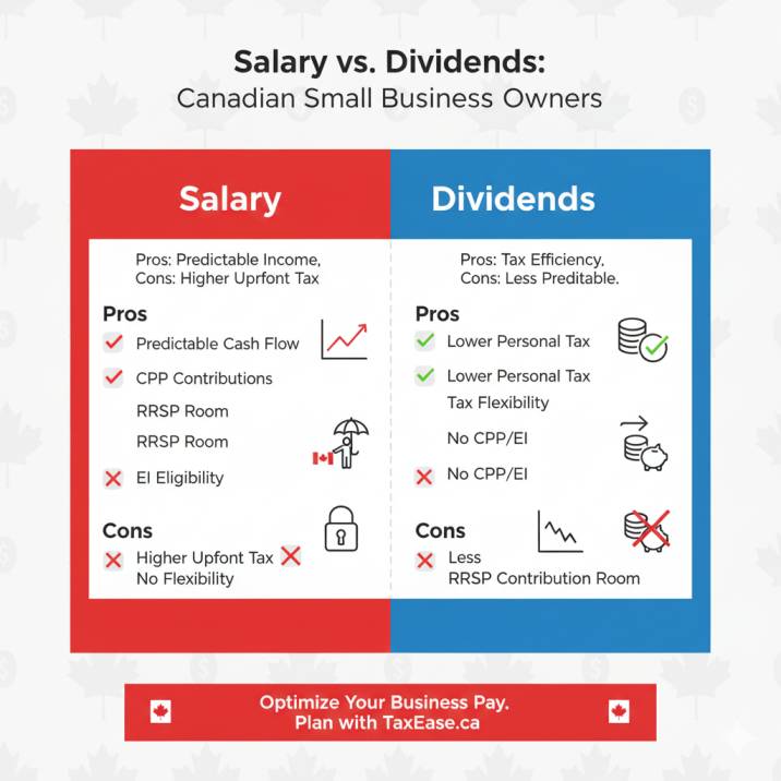 an infographic comparing Salary vs Dividends for Canadian small business owners. Show pros/cons of each option with icons like CPP, RRSP, and cash flow
