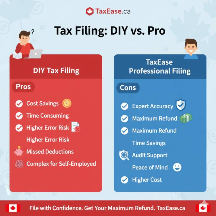 Side-by-side comparison graphic of DIY tax filing vs TaxEase professional filing, showing pros and cons with checkmarks and Xs.