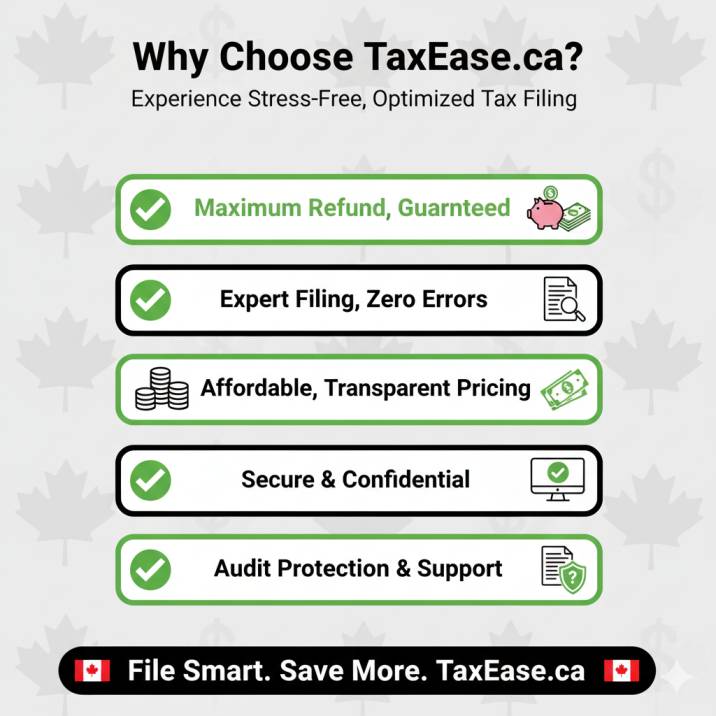 Modern flat design infographic with green checkmarks listing benefits: maximum refund, expert filing, CRA EFILE, affordable, secure, audit protection.