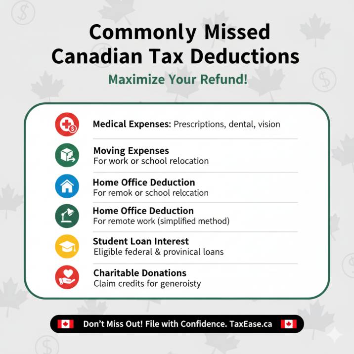Infographic showing a list of commonly missed Canadian tax deductions such as medical, moving, home office, student loan interest, with icons for each
