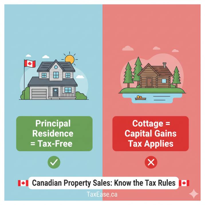 Illustration of two properties side by side: one marked ‘Principal Residence = Tax-Free,’ the other marked ‘Cottage = Capital Gains Tax Applies