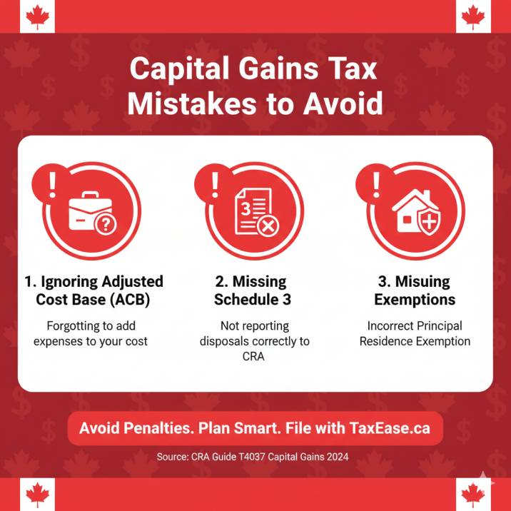 Red warning-style infographic showing common capital gains tax mistakes: ignoring ACB, missing Schedule 3, misusing exemptions.