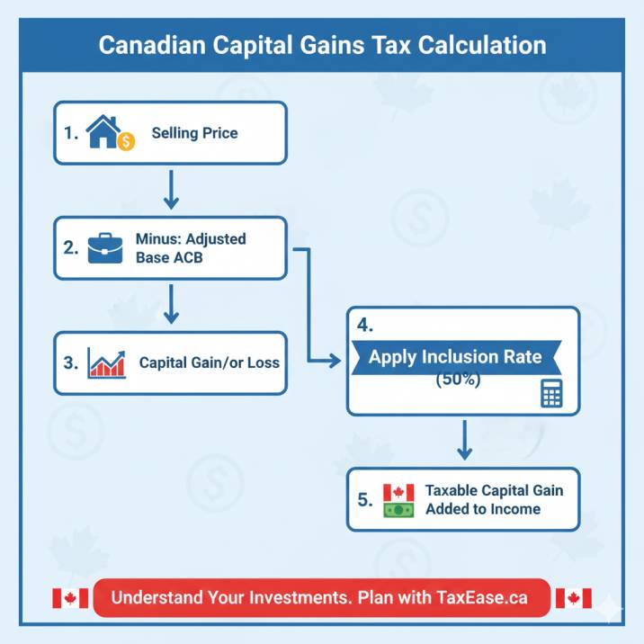 Flowchart showing step-by-step calculation of Canadian capital gains: selling price → ACB → capital gain → inclusion rate → taxable income.
