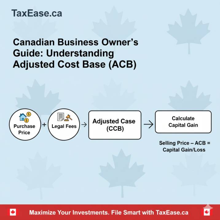 Diagram explaining Adjusted Cost Base: purchase price + legal fees + commissions = ACB, with arrows leading to capital gains calculation.