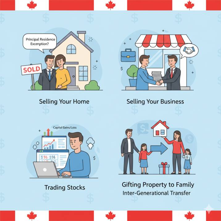 Collage of scenarios: selling a house, handing business documents to buyer, trading stocks on laptop, transferring property to a family member