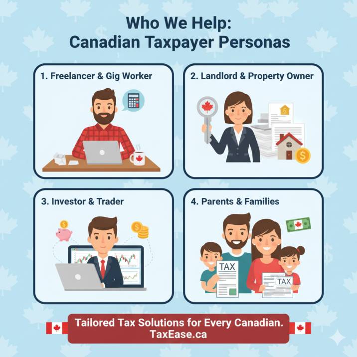 Collage of Canadian taxpayers: freelancer at laptop, landlord with house key, investor reviewing stocks, parent with kids holding tax forms.