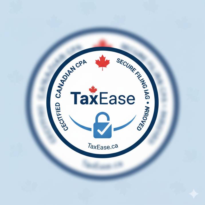 Canadian CPA badge with digital security lock and TaxEase logo, symbolizing certified and secure tax filing