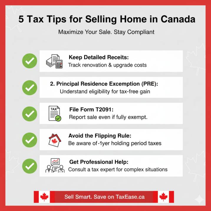 Infographic with 5 tax tips for selling a home in Canada: keep receipts, PRE strategy, T2091 filing, flipping rule, professional help.