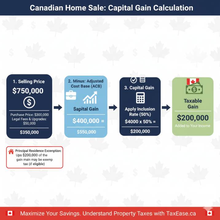 Step-by-step infographic showing how capital gain is calculated when selling a home in Canada, with amounts and arrows.