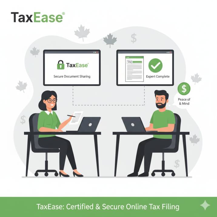 Illustration of a certified TaxEase professional reviewing tax documents with a Canadian client online, symbolizing secure and reliable service.