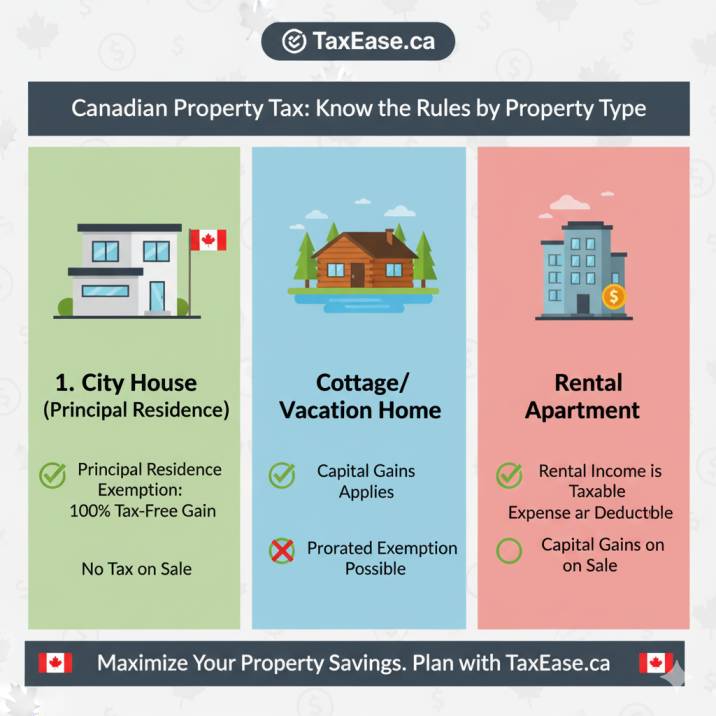 “Infographic comparing 3 property types: city house, cottage, rental apartment, with tax treatment differences highlighted.