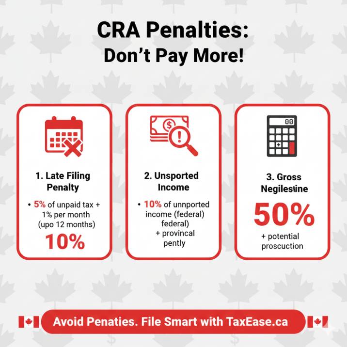An infographic showing CRA penalty types with icons: late filing, unreported income, gross negligence, each with percentage figures.