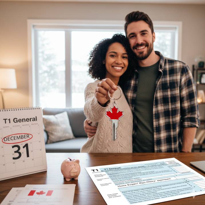 A young Canadian couple holding house keys with a tax form in the background, symbolizing Home Buyers’ Plan repayment.