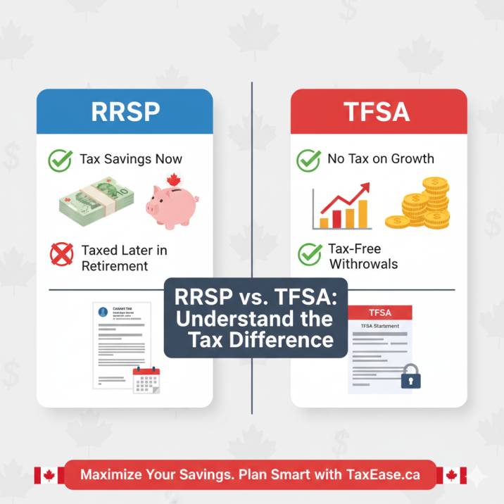 A split graphic showing RRSP (tax savings now, tax later) vs TFSA (no tax now, no tax later), with Canadian financial documents and coins