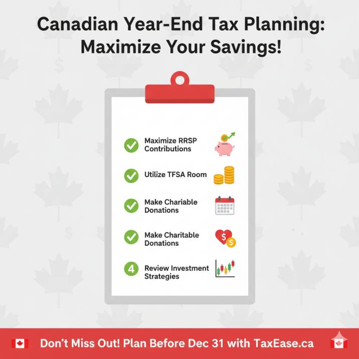A Canadian tax checklist with RRSP, TFSA, donations, and investment strategies written on a clipboard with maple leaves in the background.