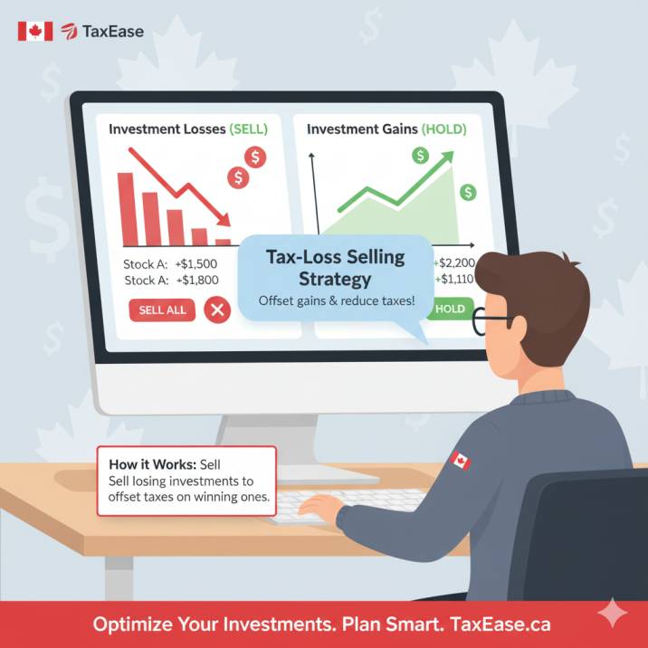 A Canadian investor selling stocks on a computer screen with graphs showing gains and losses, highlighting a tax-loss selling strategy.