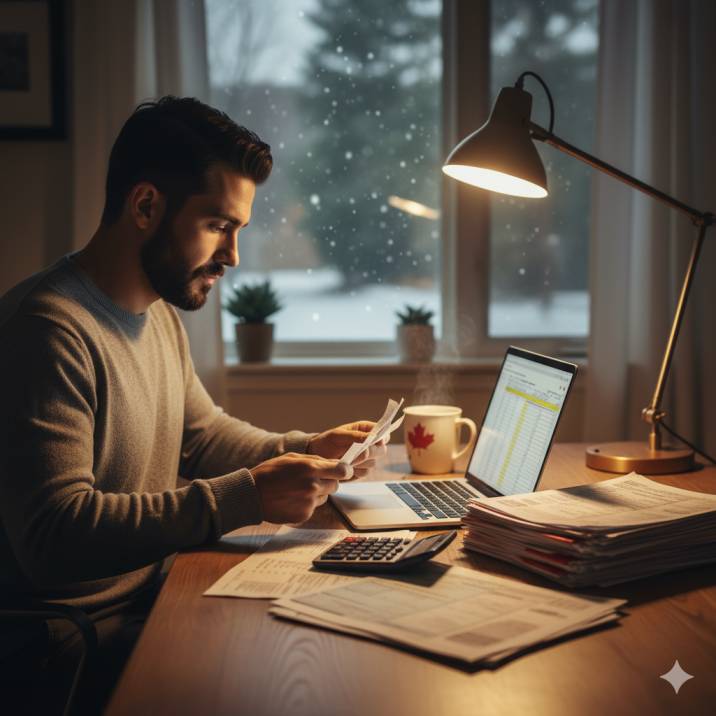 A Canadian small business owner reviewing receipts and expenses with a laptop, calculator, and tax documents on a desk