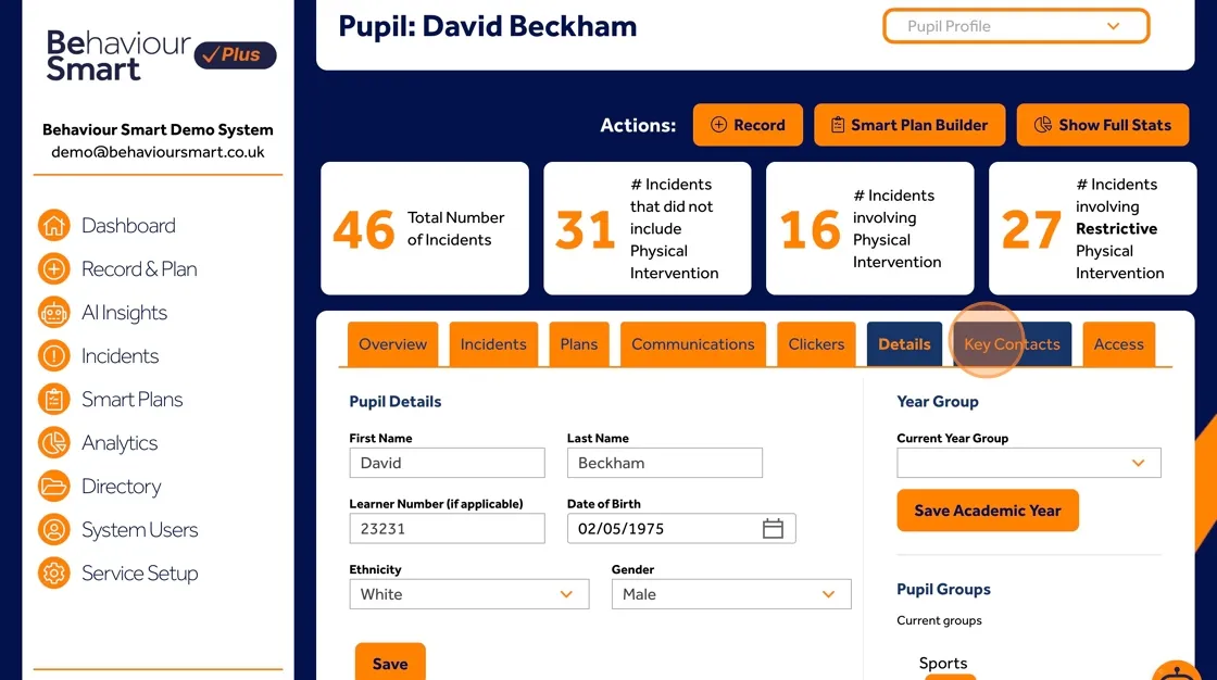 Behaviour Smart profile Key Contacts tab listing trusted adults, carers and key professionals.