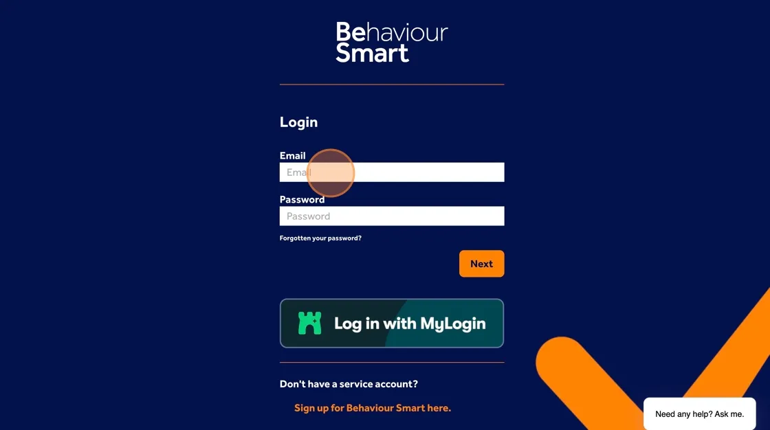 Behaviour Smart app login screen where staff enter their work email and password to record behaviour.