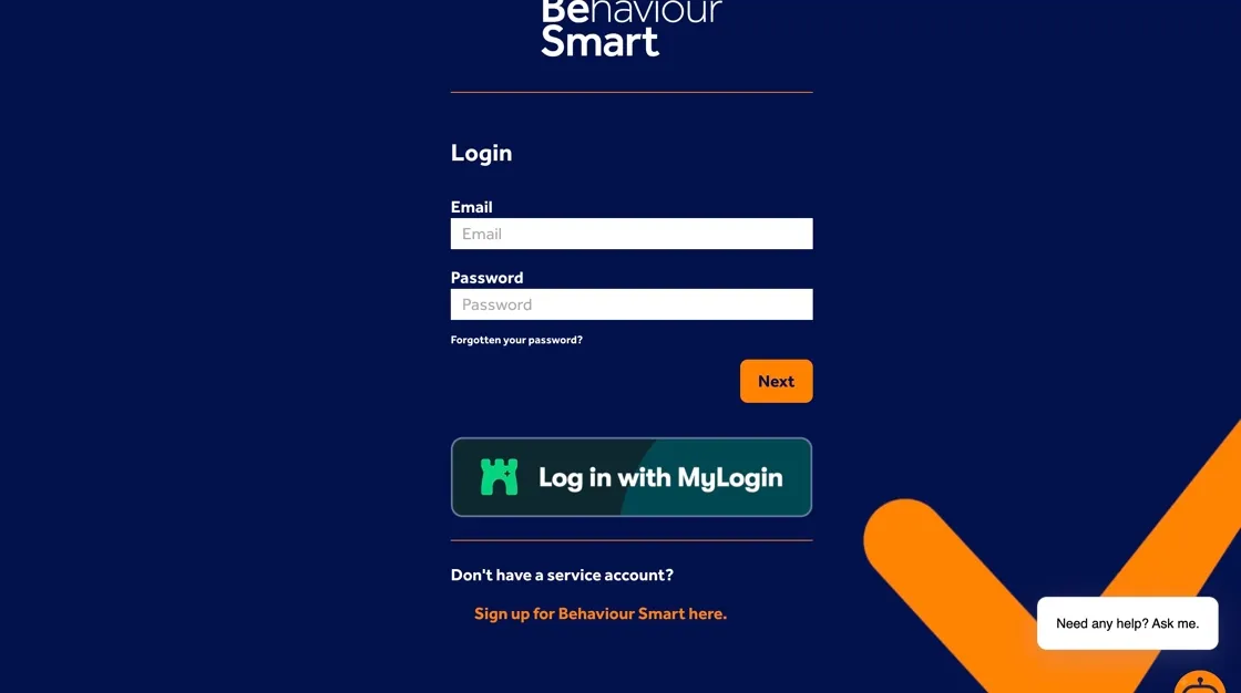Behaviour Smart app login page showing staff accessing the behaviour management system with a secure shortcut.