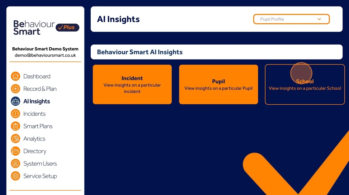 Behaviour Smart AI Support screen offering options to review behaviour data across the whole service.