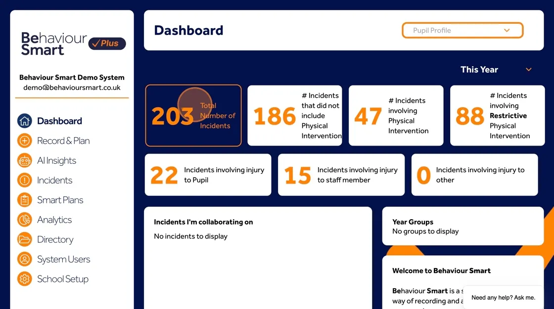 Behaviour Smart incident list screen with an option to open and review detailed incident information.