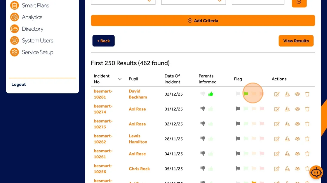 Behaviour Smart Incidents tab with an option to flag a behaviour incident for review or follow-up.