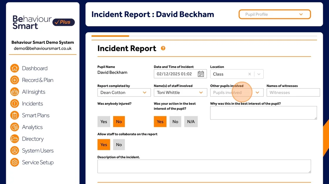 Behaviour Smart incident report form with options to add other pupils or young people involved.