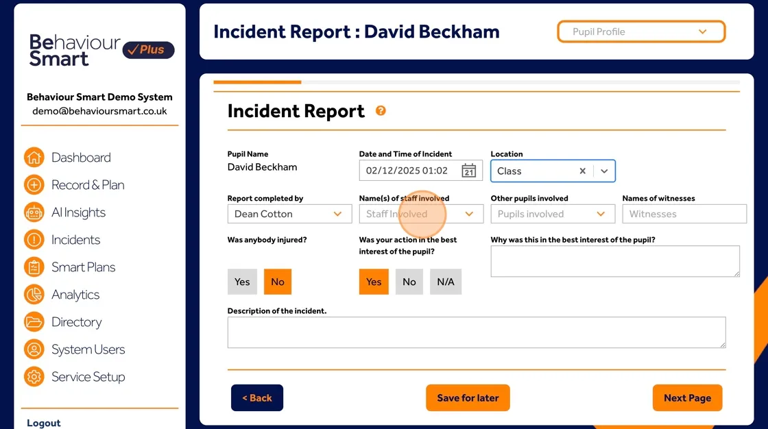 Behaviour Smart incident report form with fields to add other staff involved in the incident.