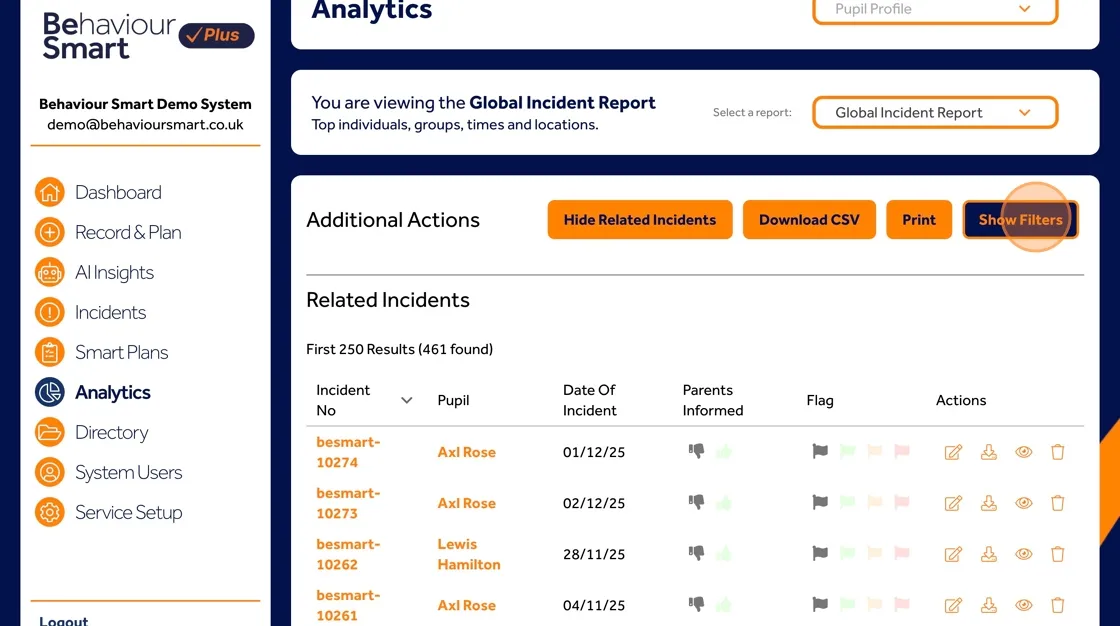 Behaviour Smart Analytics tab to create or apply filter to find related incidents across you directory.