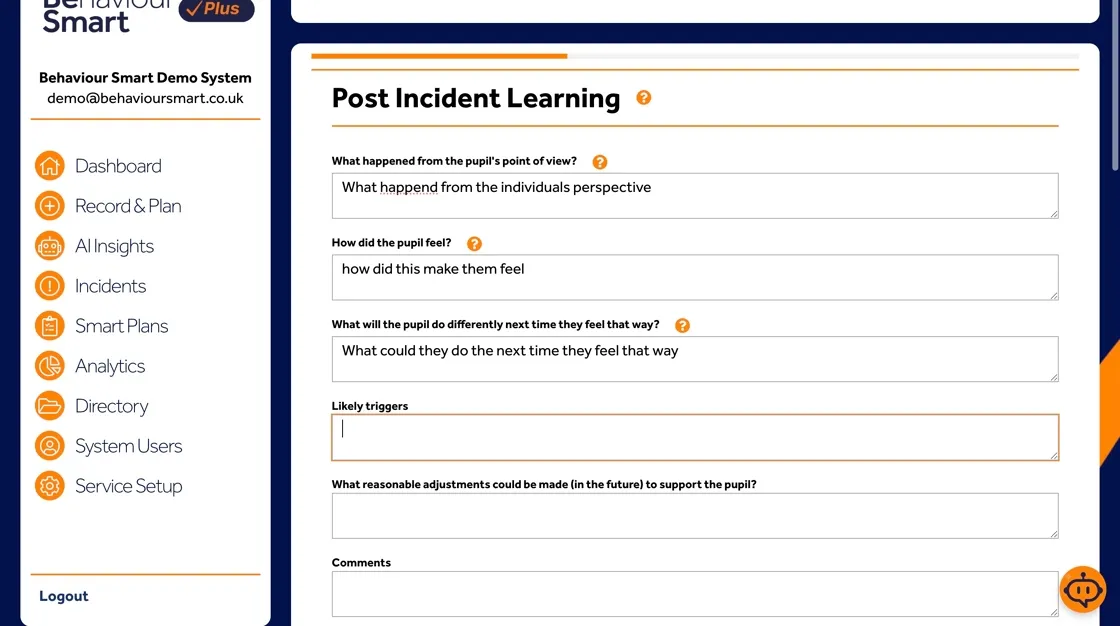 Behaviour Smart post-incident learning field asking what the individual could do differently next time.