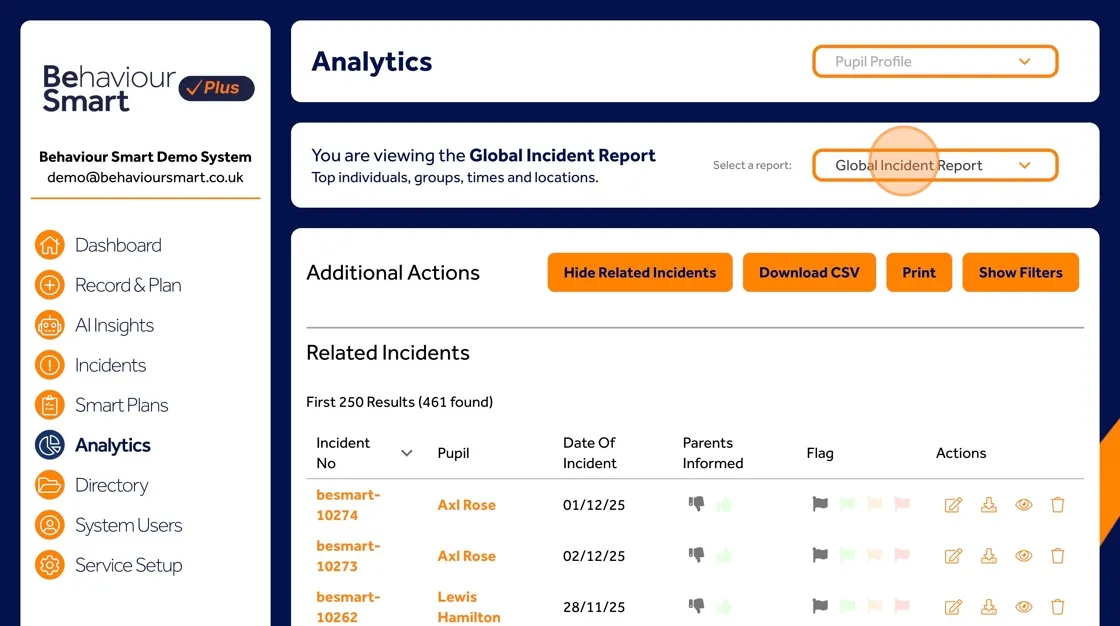 Behaviour Smart Incidents tab filter to view behaviour incidents by location within the school or setting.