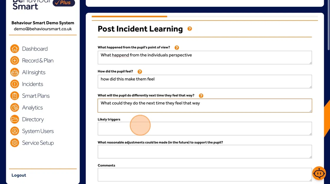 Behaviour Smart post-incident learning section for recording likely triggers linked to the behaviour incident.