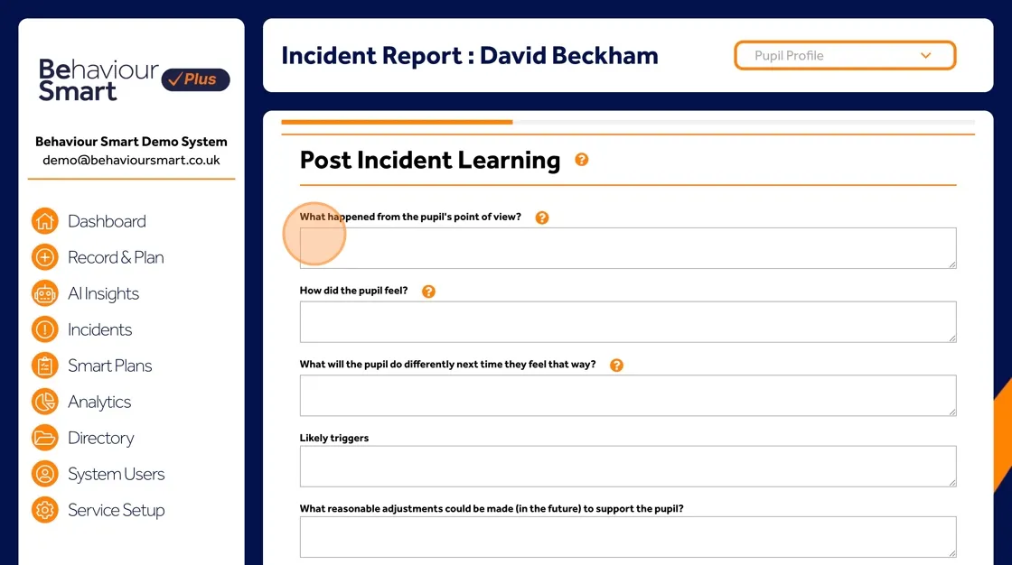 Behaviour Smart post-incident learning overview section for reflecting on what happened after an incident.