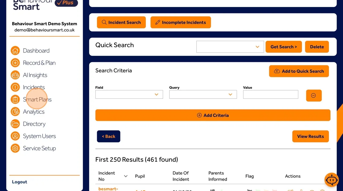 Behaviour Smart Smart Plans tab where staff open individual behaviour support plan details.