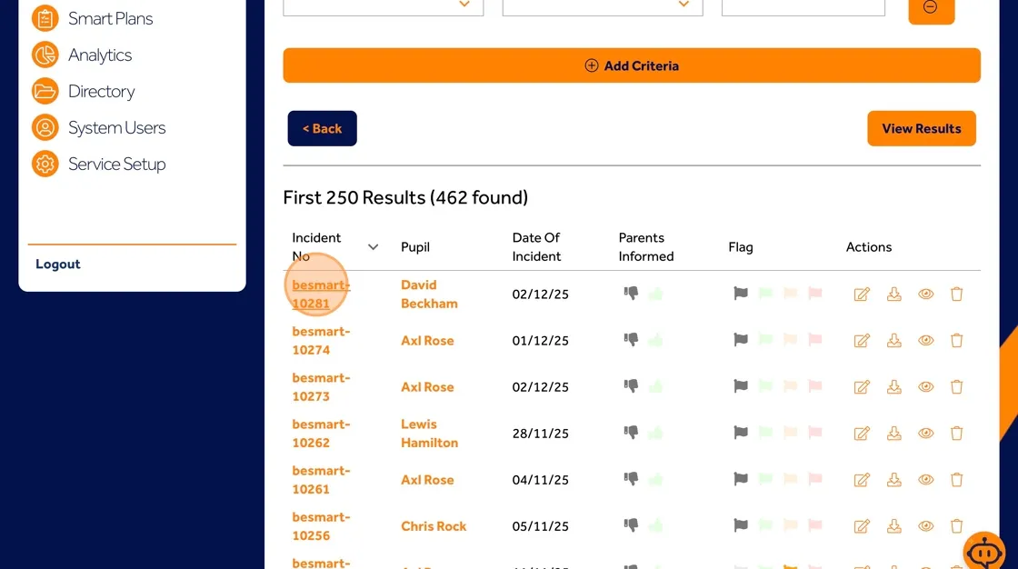 Behaviour Smart Incidents tab with status icons indicating the progress of each behaviour incident.