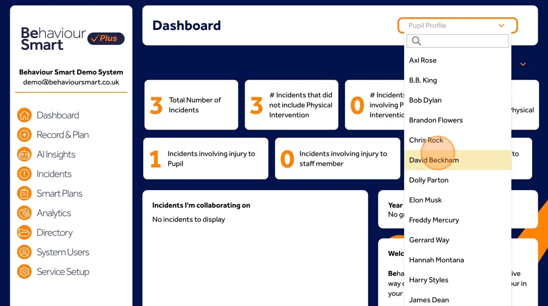 Behaviour Smart profile screen with a dropdown to select an individual pupil or young person in the system.
